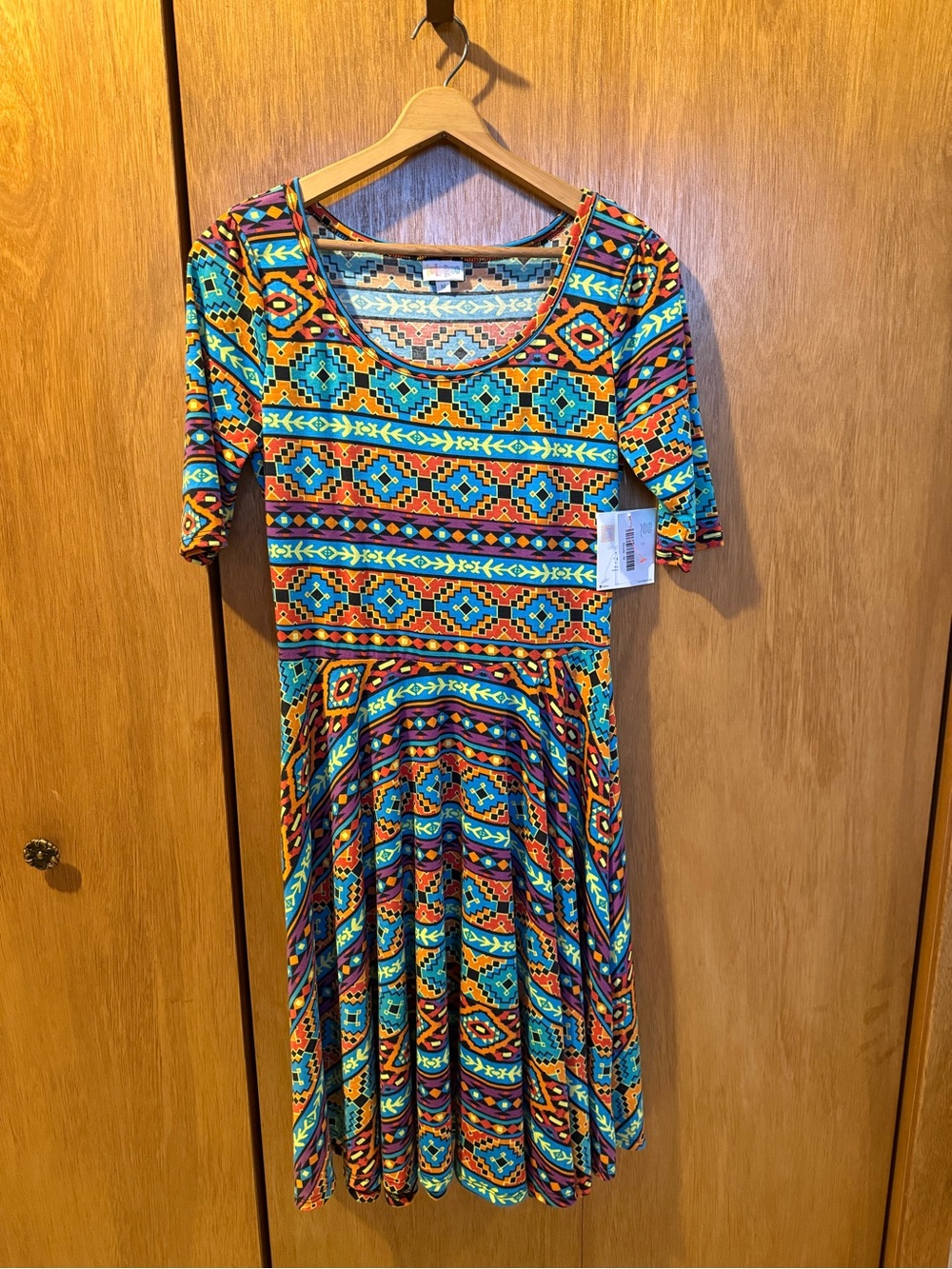 LuLaRoe Nicole Aztec-Pattern Scoop Neck Midi Dress in Turquoise, Orange & Purple